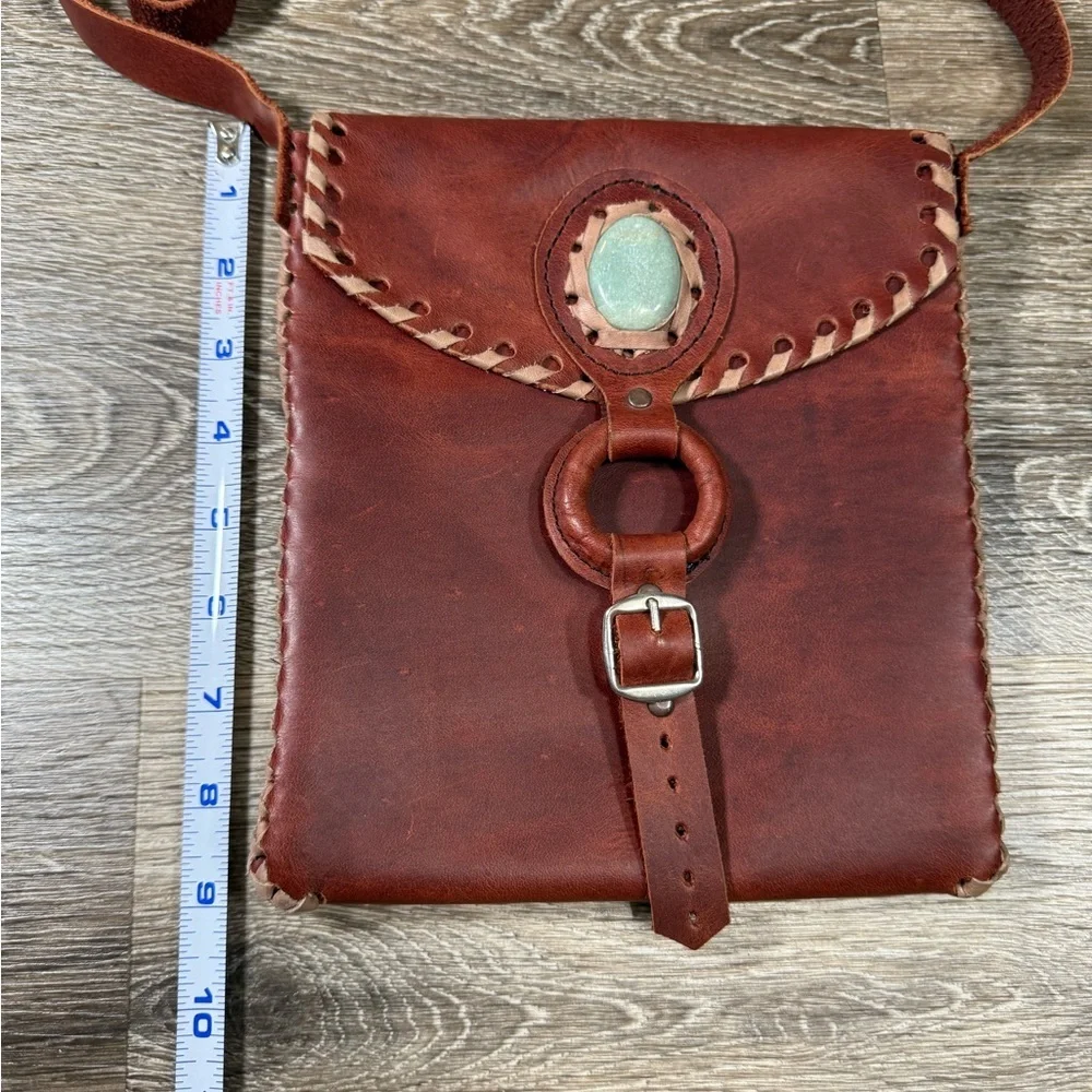 Handmade Messenger Bag‎ Genuine Leather with Jade Stone Artisan w/Adjust. Straps